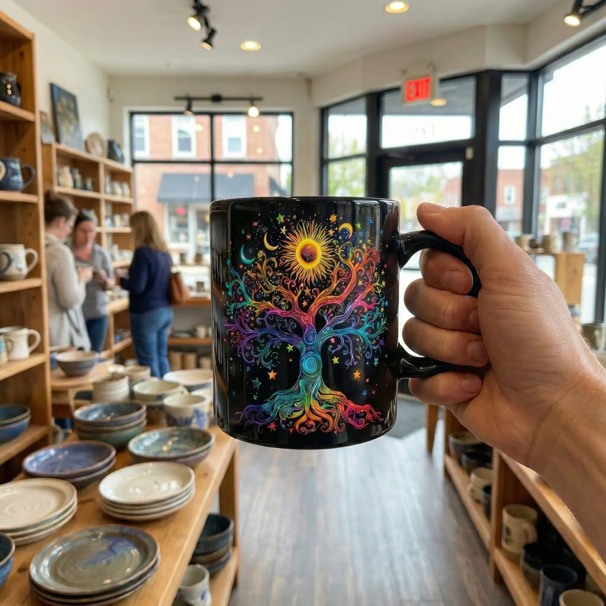 Cosmic Tree of Life Mug, Psychedelic Rainbow Celestial Coffee Cup, Sun Moon Stars Galaxy Art, Black Ceramic 11oz/15oz, Microwave & Dishwasher Safe, Unique Gift for Art Lovers