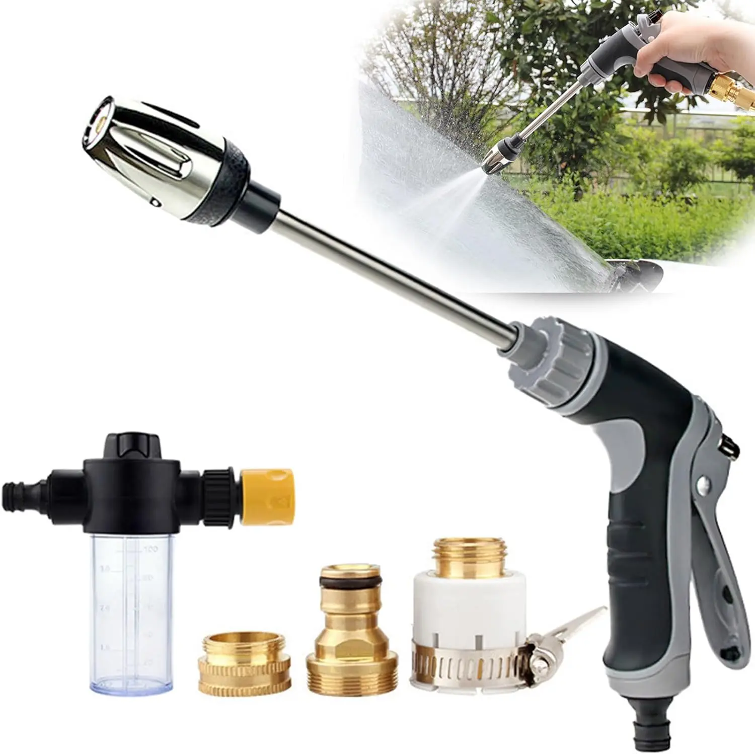 High-Pressure Washer, 15X More Powerful Than Standard Hoses, 360° Rotatable Nozzle with 3 Spray Modes, Universal Compatibility, Includes Foam Pot + 3 Metal Connectors