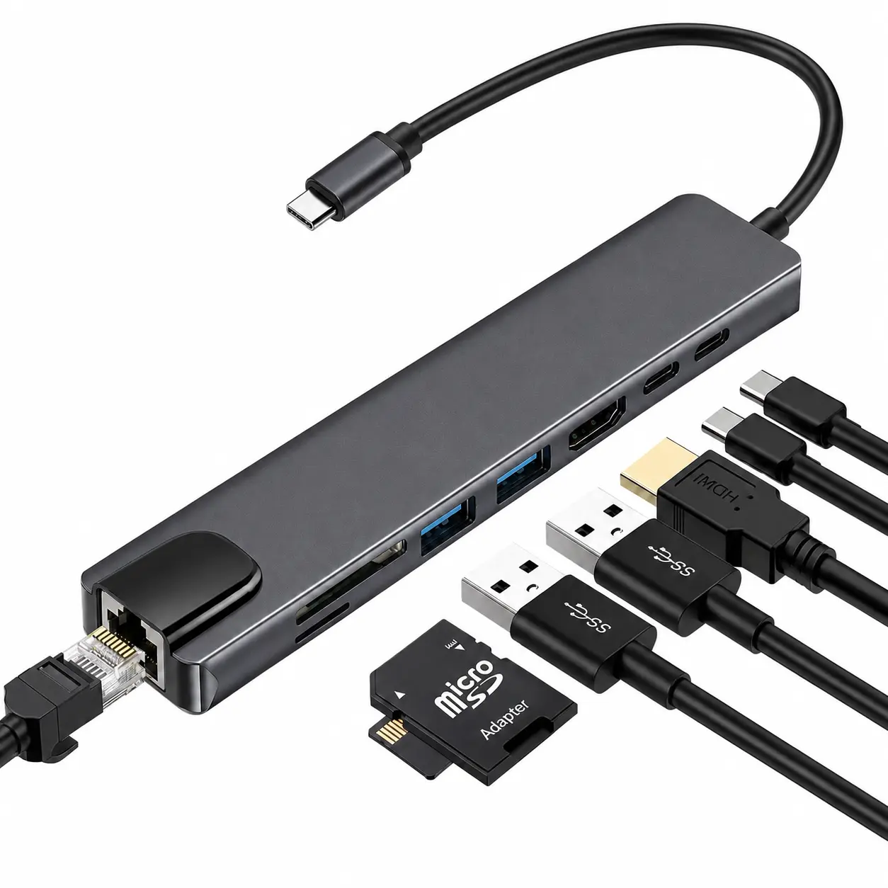 8-in-1 USB C Hub, 4K HDMI Adapter, 100W PD Charger, Ethernet RJ45 Port, SD/TF Card Reader, Dark Gray