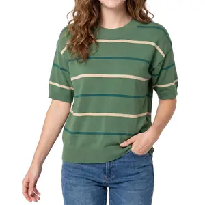 Shewin Women's Striped Knit Top Crew Neck Short Sleeve Loose Fit Ribbed Neck and Cuff Casual Pullover DealsForYouDays
