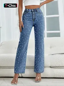 Women's Faux Pearl Decor Button Fly Denim Jeans Pants, Casual Comfy High Waist Pocket Design Jeans for Daily Wear, Ladies Bottoms for All Seasons