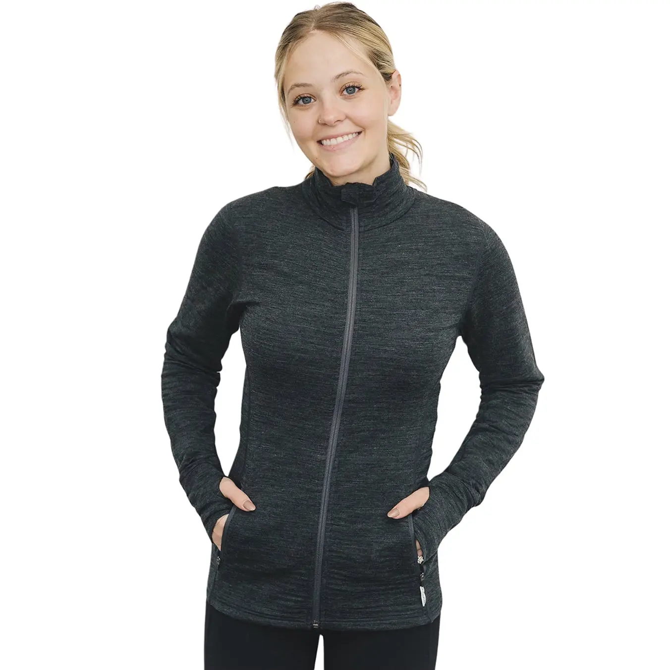 Women's Long Sleeve Comfy Outdoor Style Merino Natural Fleece Full-Zip Jacket - Charcoal Gray, Fitted, Soft, Chic, Tops, Wool, Layering Outfits, Planet