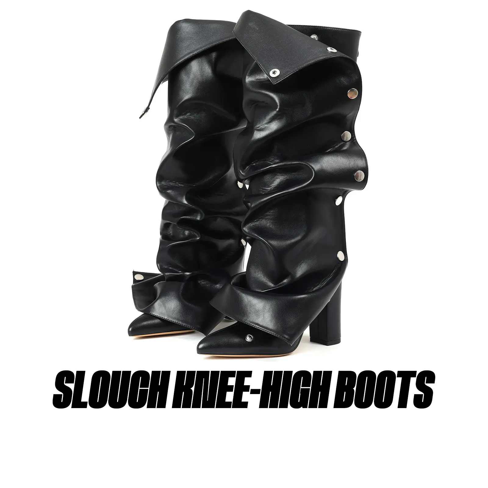 Womens Slouchy Knee High Boots Ruched Slouch Boot Pointed Toe Chunky Block High Heels Detachable Snap-Off Panel Zipper Pull On Party Gifts Work Casual Fashion Long Tall Shoes