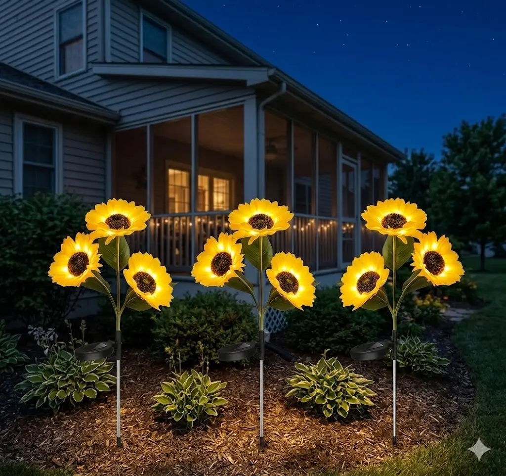 Solar sunflower light (three-head design), waterproof, suitable for outdoor gardens, lawns, and flower beds.Automatically lights up at dusk, intelligent sensor.Solar LED light source, landscape lighting, one-pack.