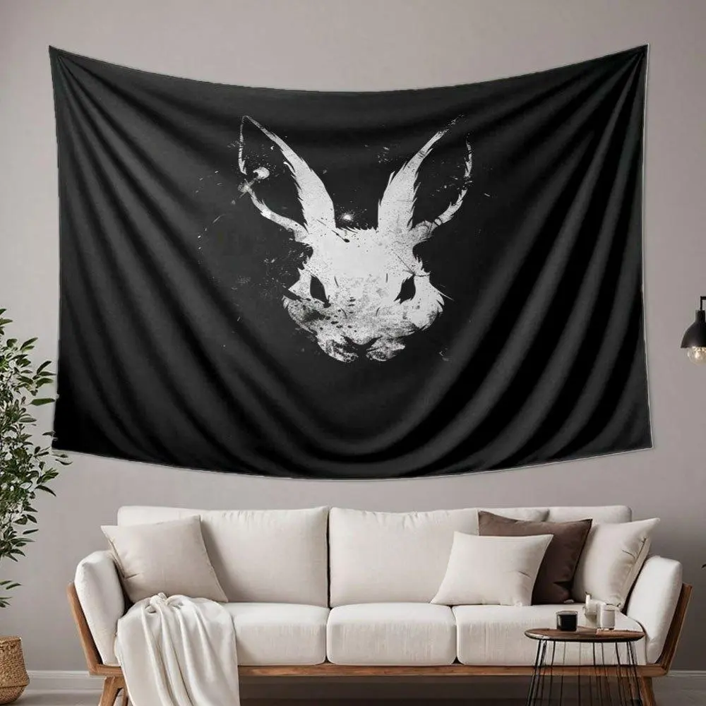Dark Night White Rabbit Silhouette High-Definition Digital Print Tapestry, Halloween, Christmas Indoor Outdoor Wall Art Tapestry Suitable for Bedroom, Teen Room Decor, Living Room, Bedroom, Wall Decor, Decorative Wall Hanging, Artistic Tapestry