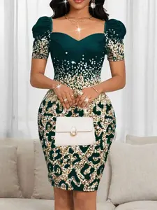 Summer Leopard Print Bodycon Dress, Knee-Length Gradual Print Bubble Sleeve Dress, Elegant Party Dress, Wedding Guest Wear, Ffsp097