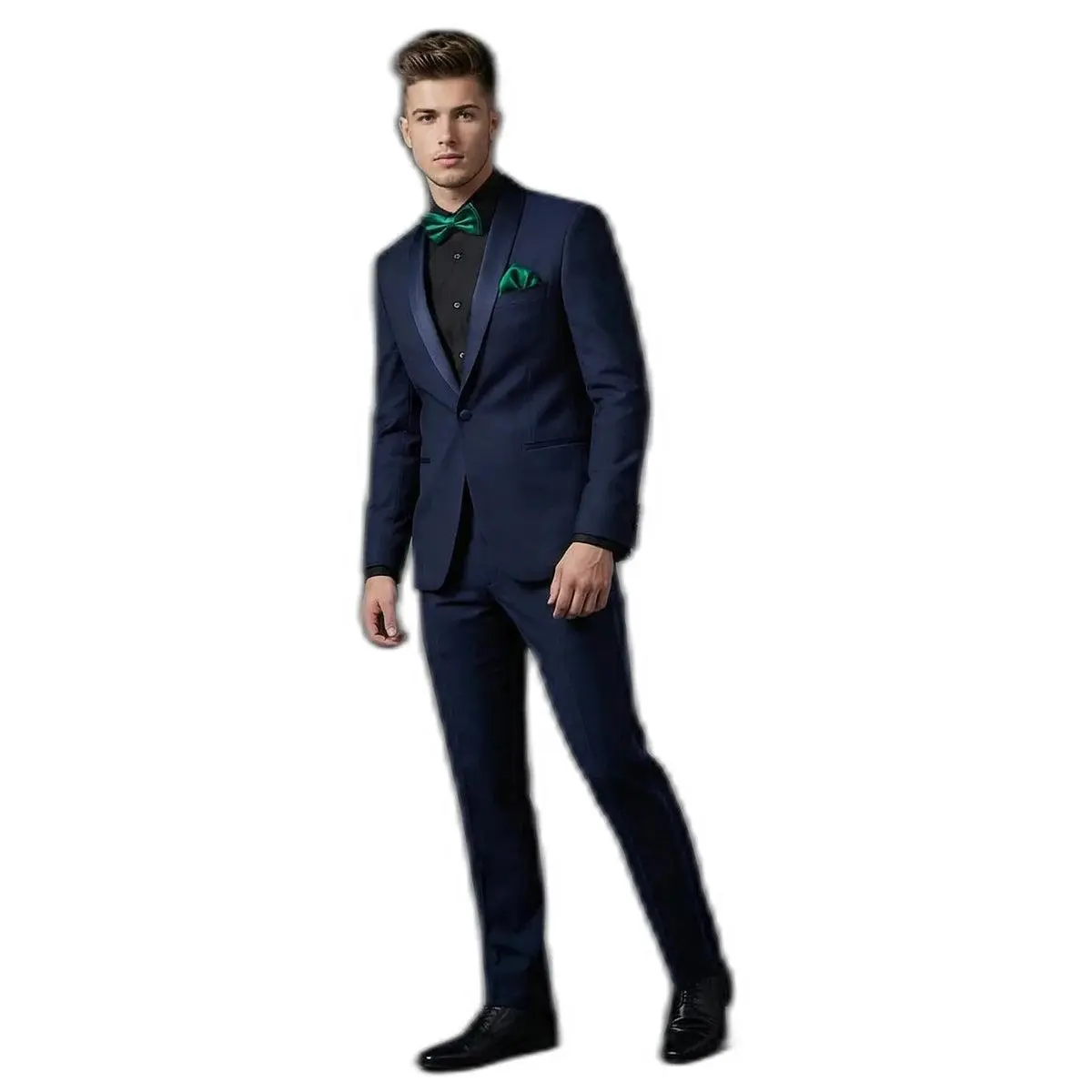 The Deep Sea – Navy Tuxedo + Black Shirt + Emerald Bow Tie | Prom 2026