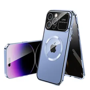 Suitable for IPhone16 15 14 13 12 Pro Max Plus Magnetic Metal Frame Large Window Camera Lens Privacy Glass Phone Protective Case