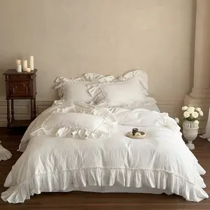 Jasmine White Ruffled Jacquard Bedding Bundle