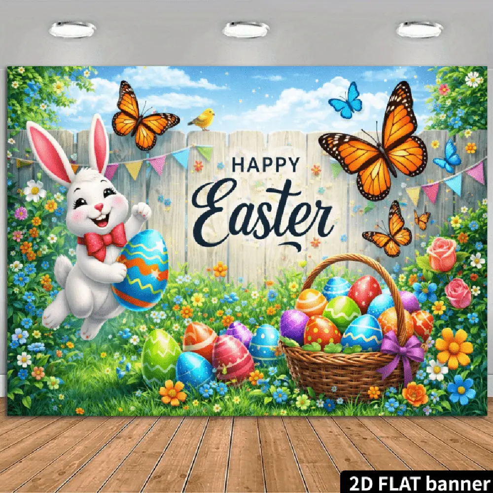 1PC Polyester Reusable 2D Flat Backdrop Cloth - Easter Bunny-Cartoon Egg-Butterfly Design, Children's Birthday Photography Banner, Festive Garden Party Decor Supply, Decorative Banner
