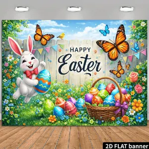 1PC,2D Flat Happy Easter Background Cloth, Cartoon Rabbit Easter Eggs Butterflies Garden Party Decoration Backdrop, Children's Birthday Party Photography Background, Festival Event Scene Layout Backdro