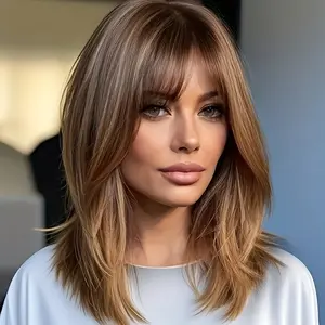 18 Inch Cool Brown Base with Honey Blonde Highlights Layered Bangs Medium Long  Wig | Heat Resistant Synthetic Hair Natural Scalp | Ideal for Daily Commute & Cozy Vibes texture
