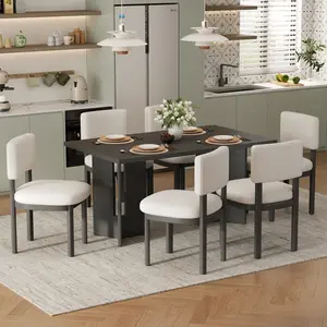 TREXM Farmhouse Wood Dining Table Set for 6 with 6 Upholstered Chairs, 60" Rectangular Table with Cutout Legs, Gray Finish Dining Room Furniture Set for Kitchen Living Room Family Gathering, Dining Room Chairs for Kitchen, Dining Room