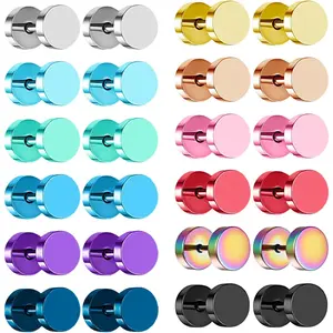 12 Pairs Dot Stud Earrings for Men Faux Gauges Earrings Hypoallergenic Earrings Ear Tunnel Steel Earrings Screw Flat Back Earrings Round Ear Studs for Women Men