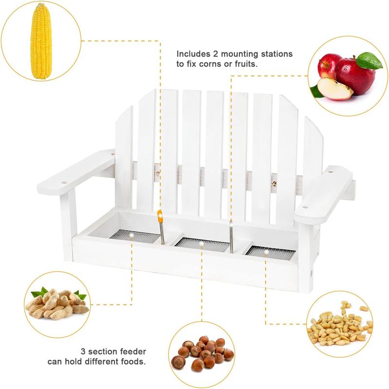 White Swing Wooden Outdoor Squirrel Feeder - With Two Corn Holders for Peanuts and Nuts