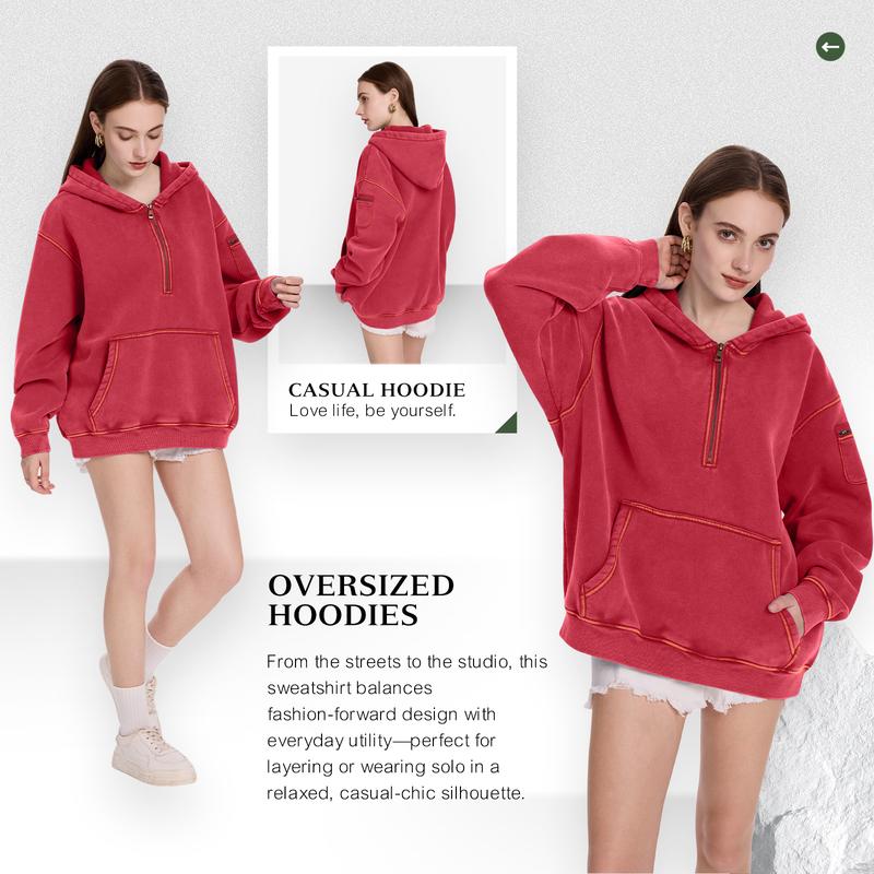 FAIABLE Hoodies Vintage Acid Washed Heavyweight Fleece Half Zip Unisex Hoodie for Women with Kangaroo Pocket & Earbud Sleeve Pocket Casual Aesthetic Streetwear Style Essential Comfort Hoodies
