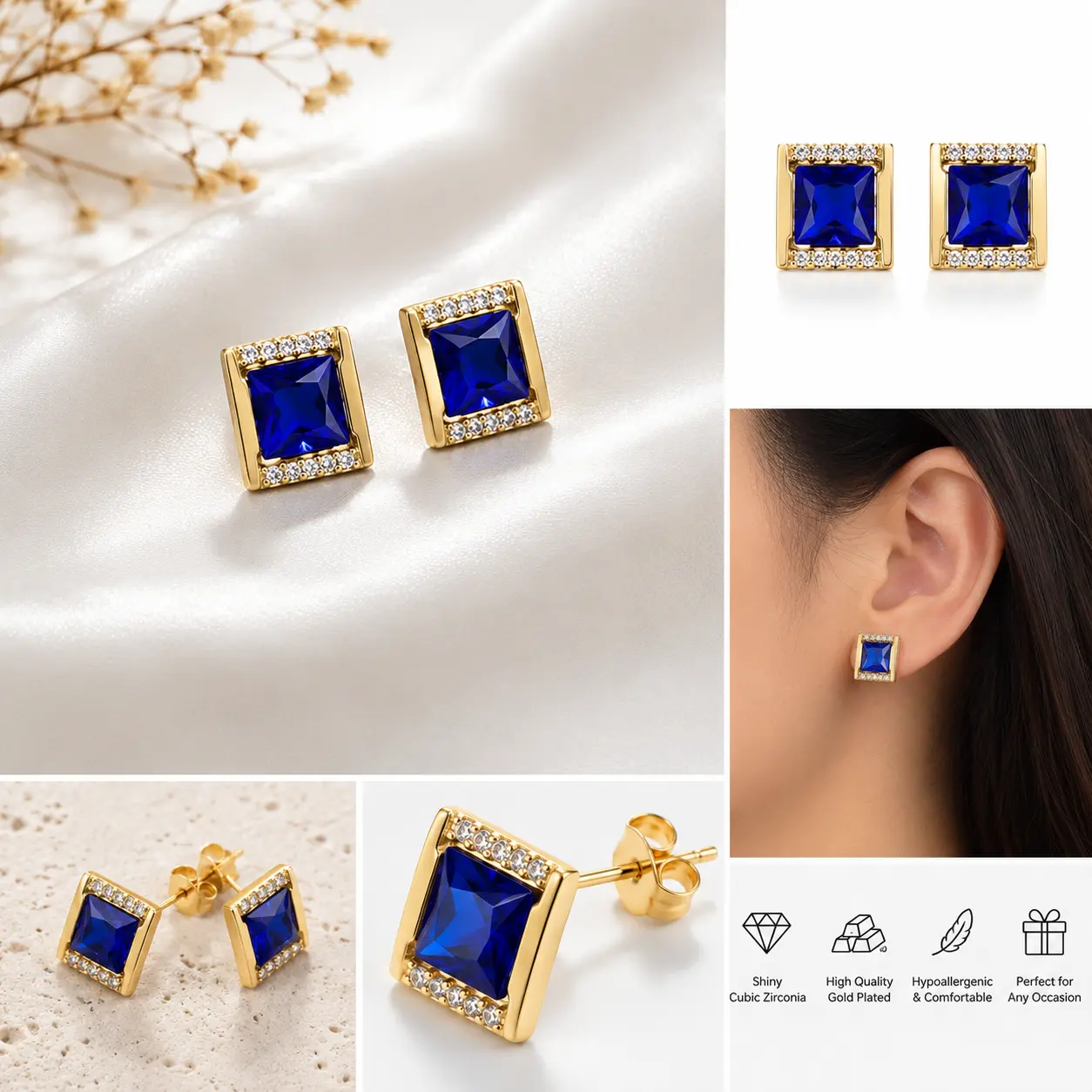 Elegant Royal Blue Crystal Stud Earrings