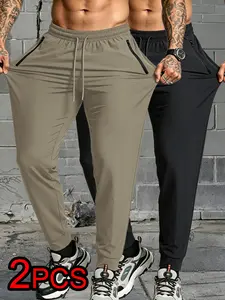 Men's 2 Pack Quick Dry Athletic Joggers, Lightweight Stretch Workout Pants, Zipper Pockets, Elastic Waist, Tapered Casual Trousers