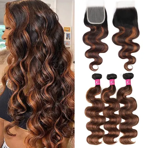 ONEMORE Human Hair Bundles With Closure, FB 30 Brown Highlight Ombred Body Wave, 1b 4-30 Colored Human Hair Extensions