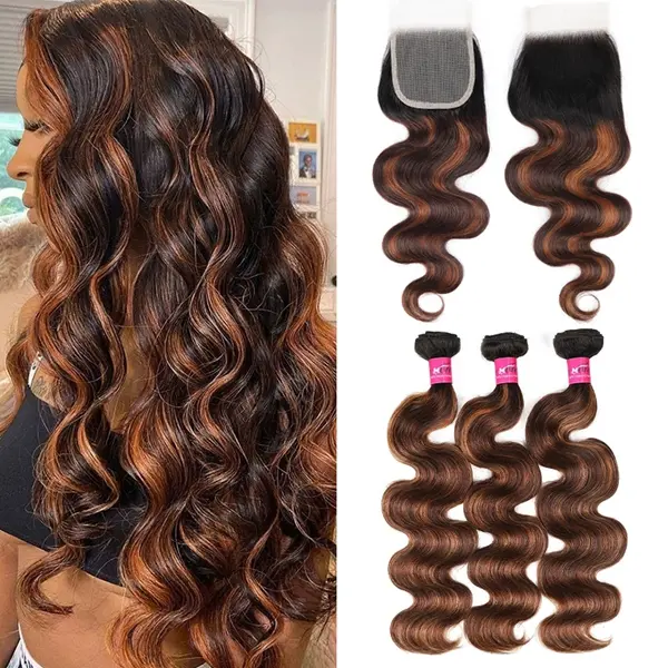 ONEMORE Human Hair Bundles With Closure, FB 30 Brown Highlight Ombred Body Wave, 1b 4-30 Colored Human Hair Extensions