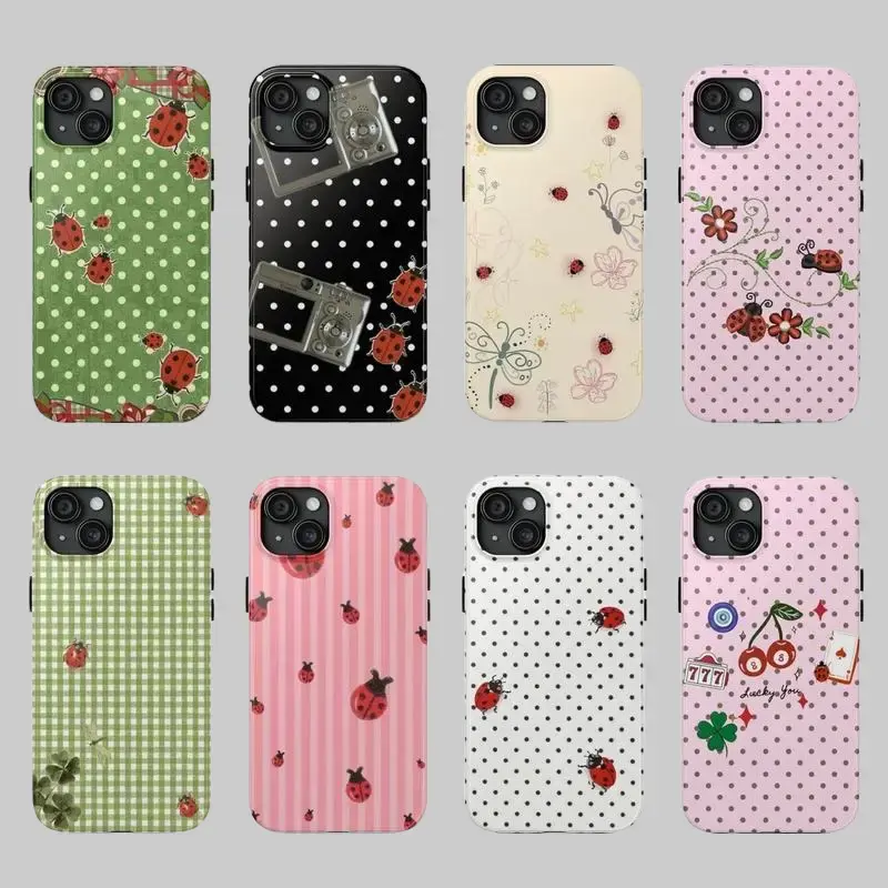 Vintage Ladybug Pattern Phone Case – Cute Polka Dot & Floral Design for iPhone.