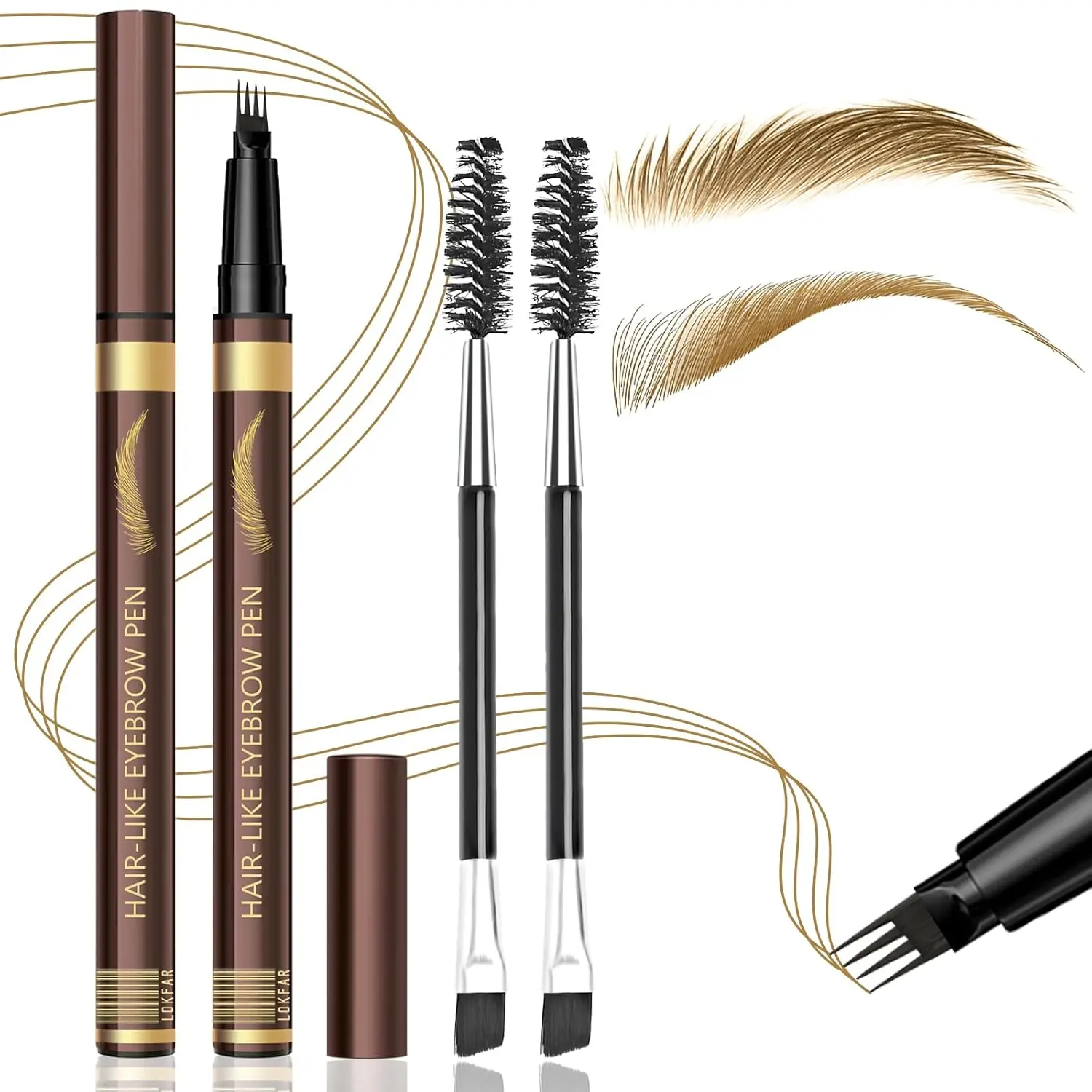 2PCS Microblading Eyebrow Pen with 2 Brushes, Waterproof Four-Tip Eyebrow Pencils for Women, 0.1MM Micro-Fork 4 Tip, Ultra-Precise Eye Brow Pencil for Natural Full Hair-Like Brows (Light Brown)