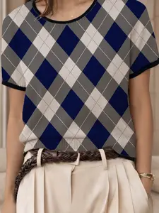 2D Print Women's Knit Short Sleeve, Vintage College Style Blue Houndstooth Contrast Knit, Summer Fashion, Ladies' Clothing, Knitwear