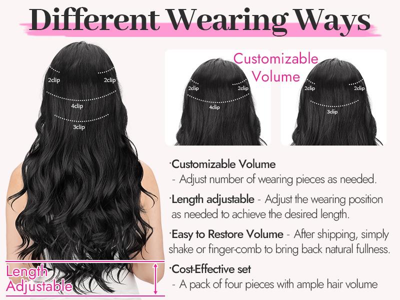[KooKaStyle] Clip-In Hair Extensions for Women, 4PCS Soft Wavy Synthetic Hairpieces for Instant Volume & Length, Natural-Looking Seamless Blend, 20 Inch Black