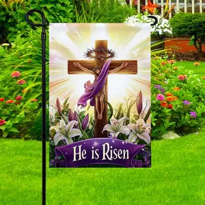 He is Risen Easter Garden Flag – 12x18 Inch Christian Yard Flag, Jesus on the Cross with Lilies, Religious Outdoor Decor