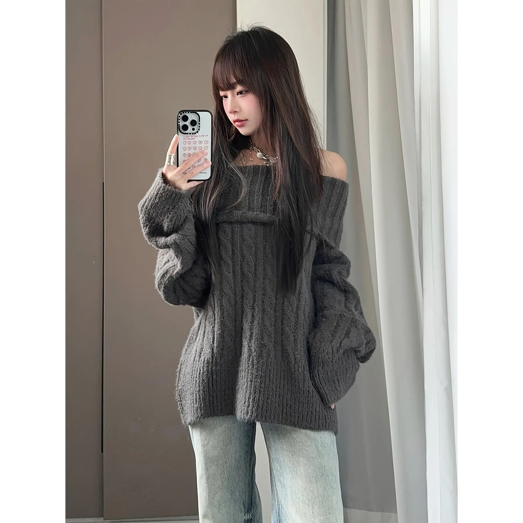 Women's Off-the-Shoulder Sweater - Soft Chic Pullover, Long Sleeve Non-Transparent Sweater for Fall/Winter, Japanese Korean Fashion Outfit Essential in Neutral Colors (Beige/Brown/Gray/Blue/Black/White/Red/Pink//Orange/Purple/Green/Yellow/Lavender/Pinkish