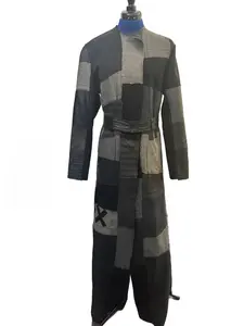 Patchwork Denim, Wool and Leather Coat with Raw Edges and Belt