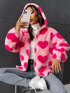 Unisex's Heart Print Drop Shoulder Zip Up Flannel Hooded Jacket, Casual Hoodie Jacket, Fashion Casual Long Sleeve Thermal Lined Hooded Outerwear for Daily Outdoor Wear, Unisex's Clothing for Fall & Winter
