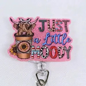 Just a Little Moody Highland Cow Western Pink Glitter Acrylic Retractable Badge ID Reel Belt or Alligator Clip identification supply cute highland cow retractable clip