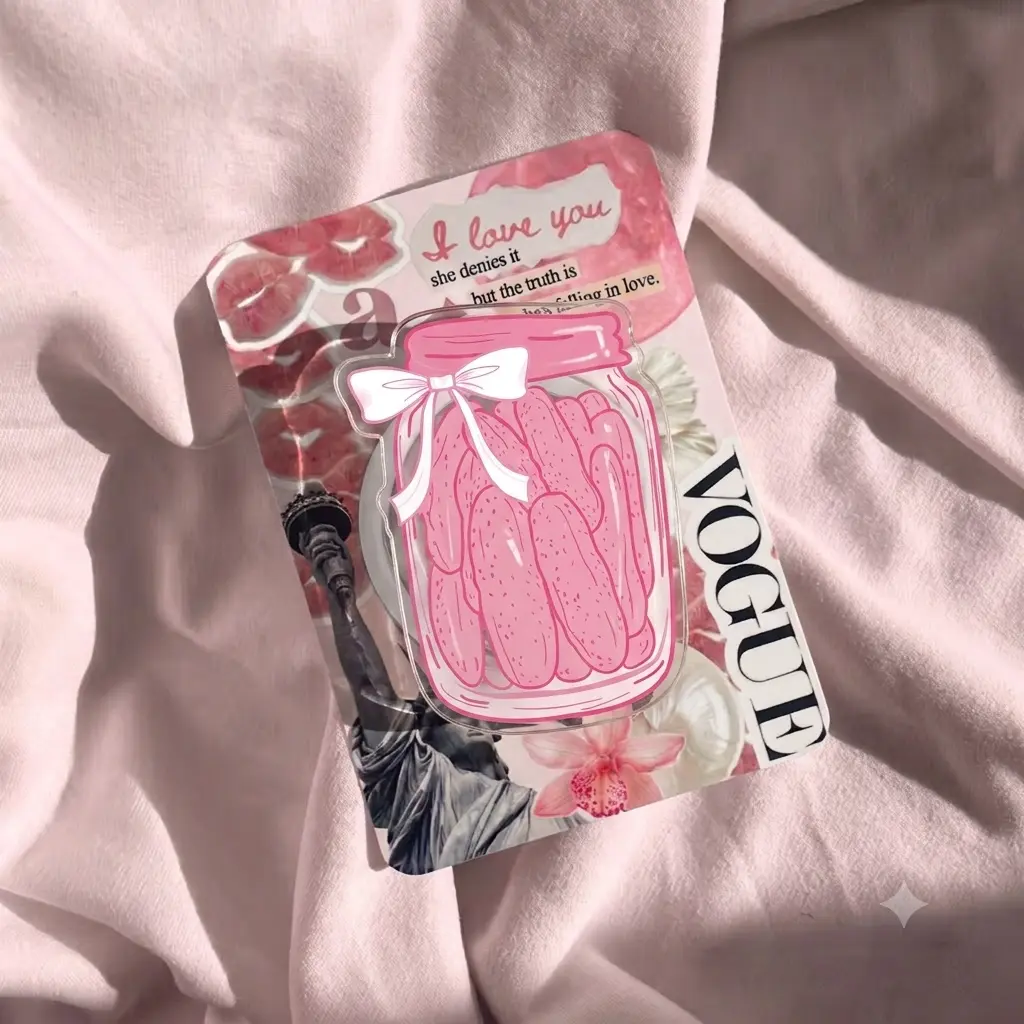 Pink Pickles Phone Grip Stand, Acrylic Jar Phone Holder With White Bow, Cute Funny Food Accessory, Gift for Pickle Girls, Foodies and Trendy Teens