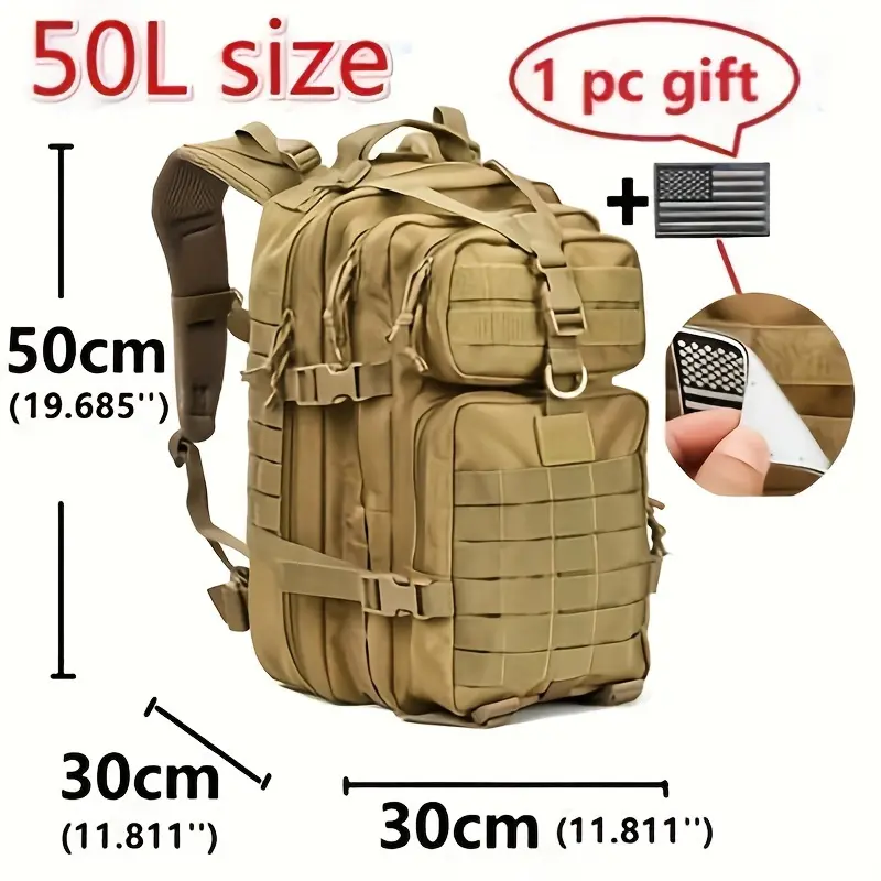 Upgraded 50L Tactical Backpack for Men, Solid Color High-Capacity Outdoor Rucksack for Camping, Hunting & Fishing