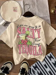 Women's Letter Print Round Neck Tee, Fitted Casual Graphic Short Sleeve T-shirt for Summer, Ladies Clothes for Daily Wear, Casual Summer Style Top