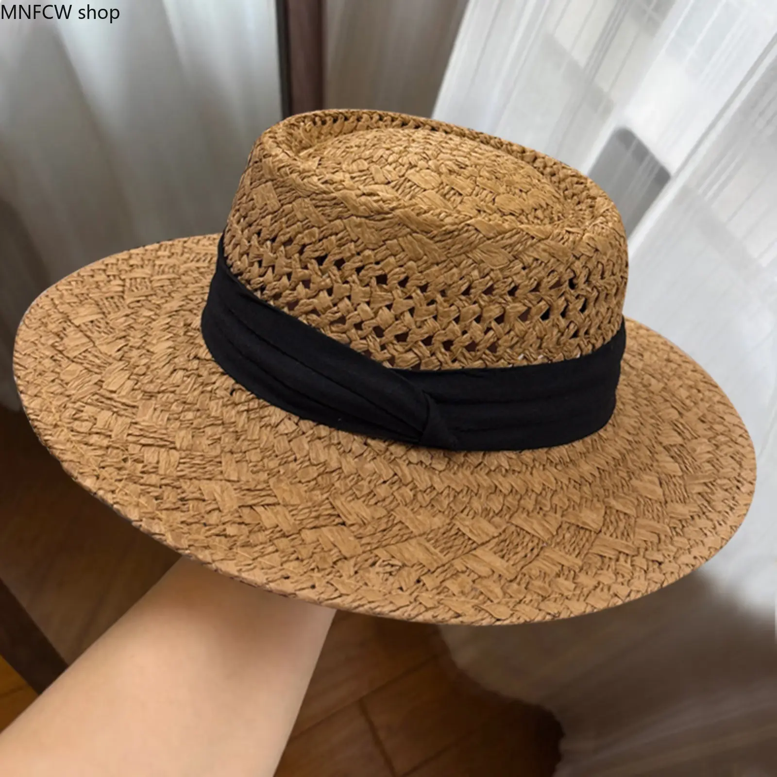 Women's Straw Sun Hat, French-Style Flat-Top Fedora with a Wide Brim for Casual Beach Vacations, Fits Large Sizes, Casual Hat