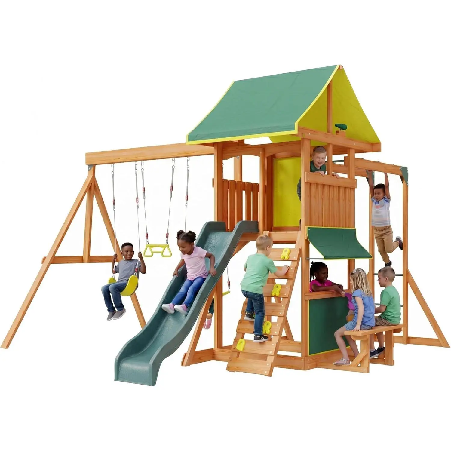 GSFRWooden Swing Sets for Backyard - Outdoor Playset with 8 FT Wave Slide, 2 Belt Swings, Play Deck, Monkey Bars, Rock Wall Ladder, Shaded Picnic Area, Snack Bar, Playground Sets,Green