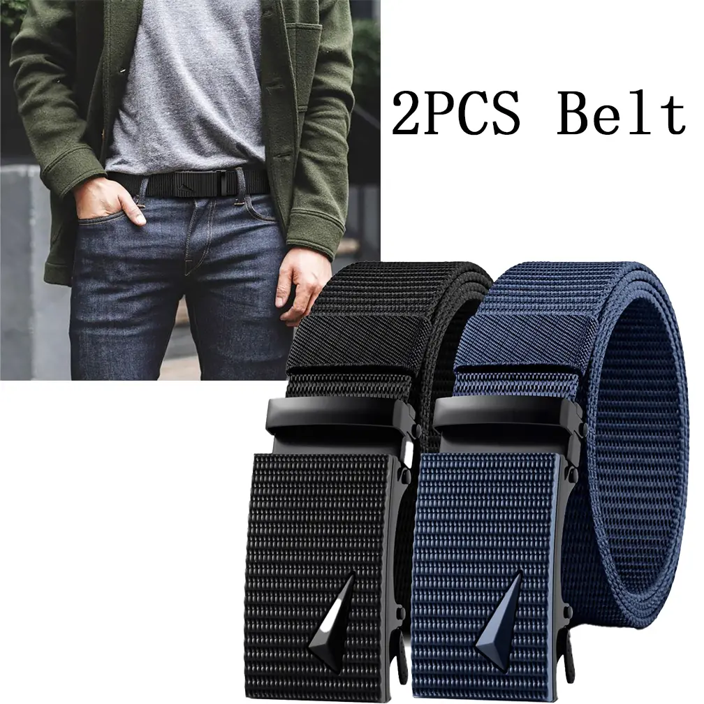 Men's Tactical Belts, 2 Pack, Casual Nylon Ratchet Belt with Automatic Lock, Lightweight and Breathable, Trim-to-Fit Adjustable Strap, Men's Accessories