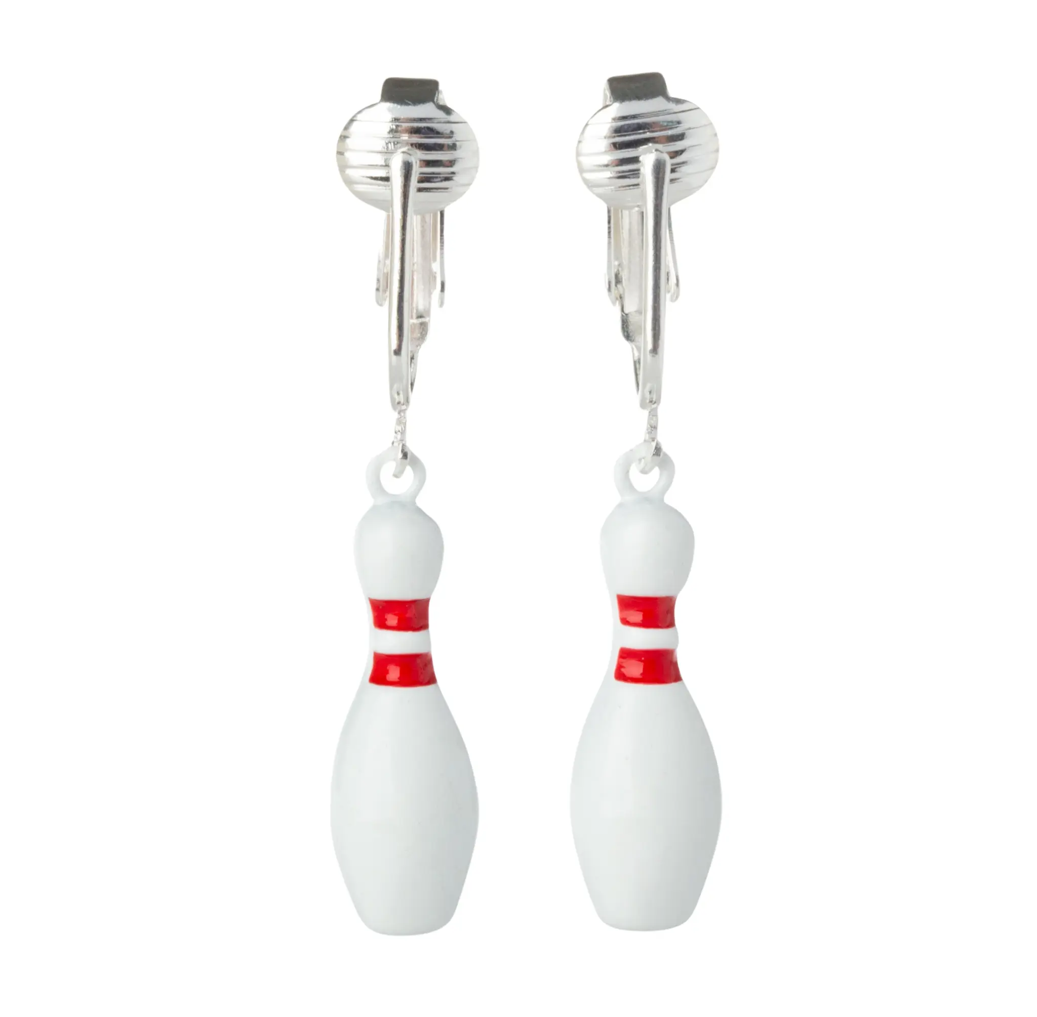 Bowling Pin Silver Clip On Dangling Earrings
