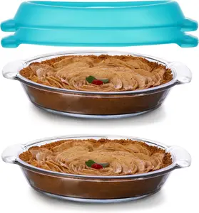 Libbey Baker’s Premium Glass Pie Dish Set of 2 with Lids, 9 Inch Round Baking Dishes, Stackable Bakeware with GreatGrip Handles, Durable Covered Pie Plates