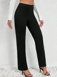 Spring Summer Commuter Solid Color Straight Leg High Waist Elastic Pants, Stylish Comfortable Long Trousers for Women, Perfect for Office Wear, Casual Office Wear, Womenswear
