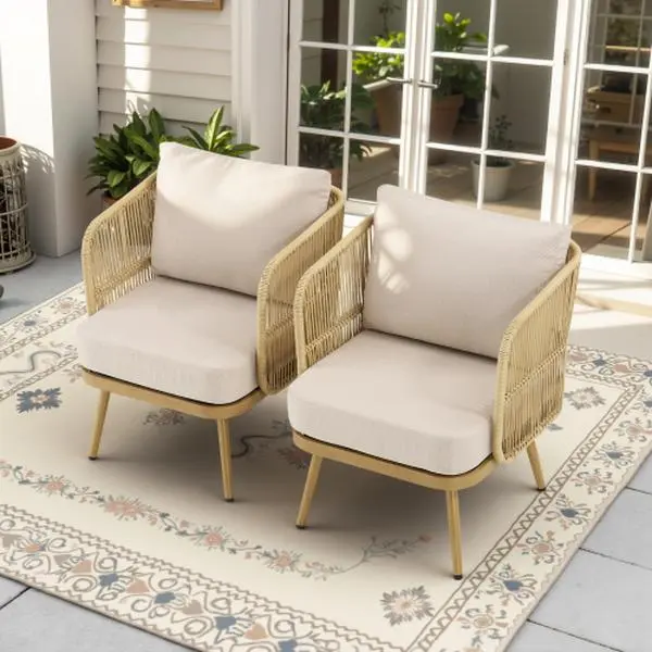 2-Piece All-Weather PE Wicker Patio Chairs Set with 4" High-Density Cushions, Rattan Barrel Chairs for Porch, Backyard, Beige