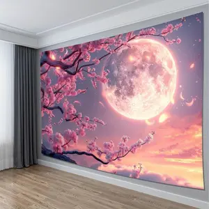 Tapestry  Moonlit Pink Plum Blossom Tapestry - Satin Wall Hanging for Living Room, Bedroom, Office Decor Curtains Flowers Tree Interior Pastel Boho Floral Design