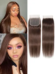#4 Brown ClosureTransparent Lace Front Chocolate Brown HD Lace Closure Straight 4 By 4 Pre Plucked Baby Hair High Density Unprocessed Brazilian Virgin Human Hair For Women