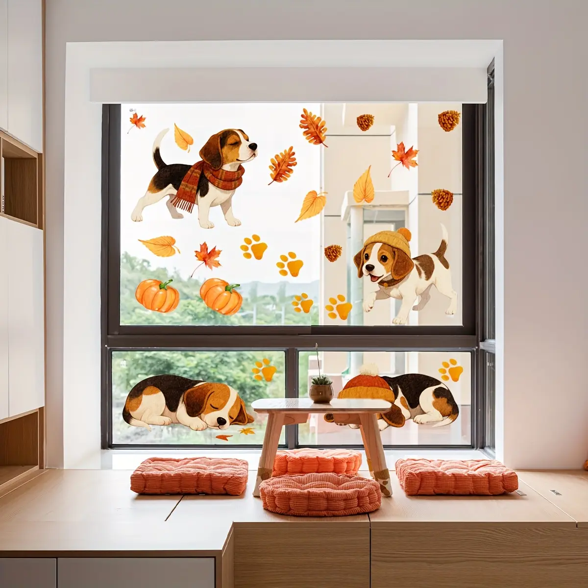 A new autumn harvest festival static sticker featuring maple leaves, pumpkins, and a puppy, measuring 30*60cm, double-sided visible, 20-micron thick, decorative background holiday window sticker (D18662)
