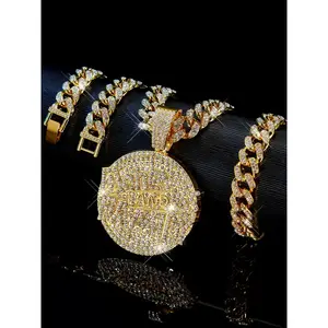 3pcs Hip-Hop Sparkling Letter Disc Pendants, Dazzling Cuban Chain Necklace & Bracelet Set, Punk Fashion Jewelry Set for Men & Women, Ideal Gift
