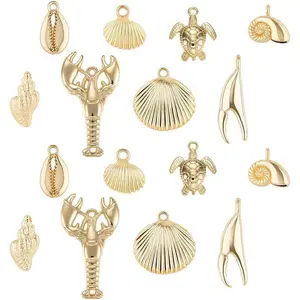X-BY91   1 Box 54g Real 14K Gold Plated Charms Bulk Gold Summer Ocean Charm 16Pcs Sea Theme Marine Life Charms Starfish Shell Charm Pendant for DIY Christmas Earring Bracelet Jewelry Making Supplies
