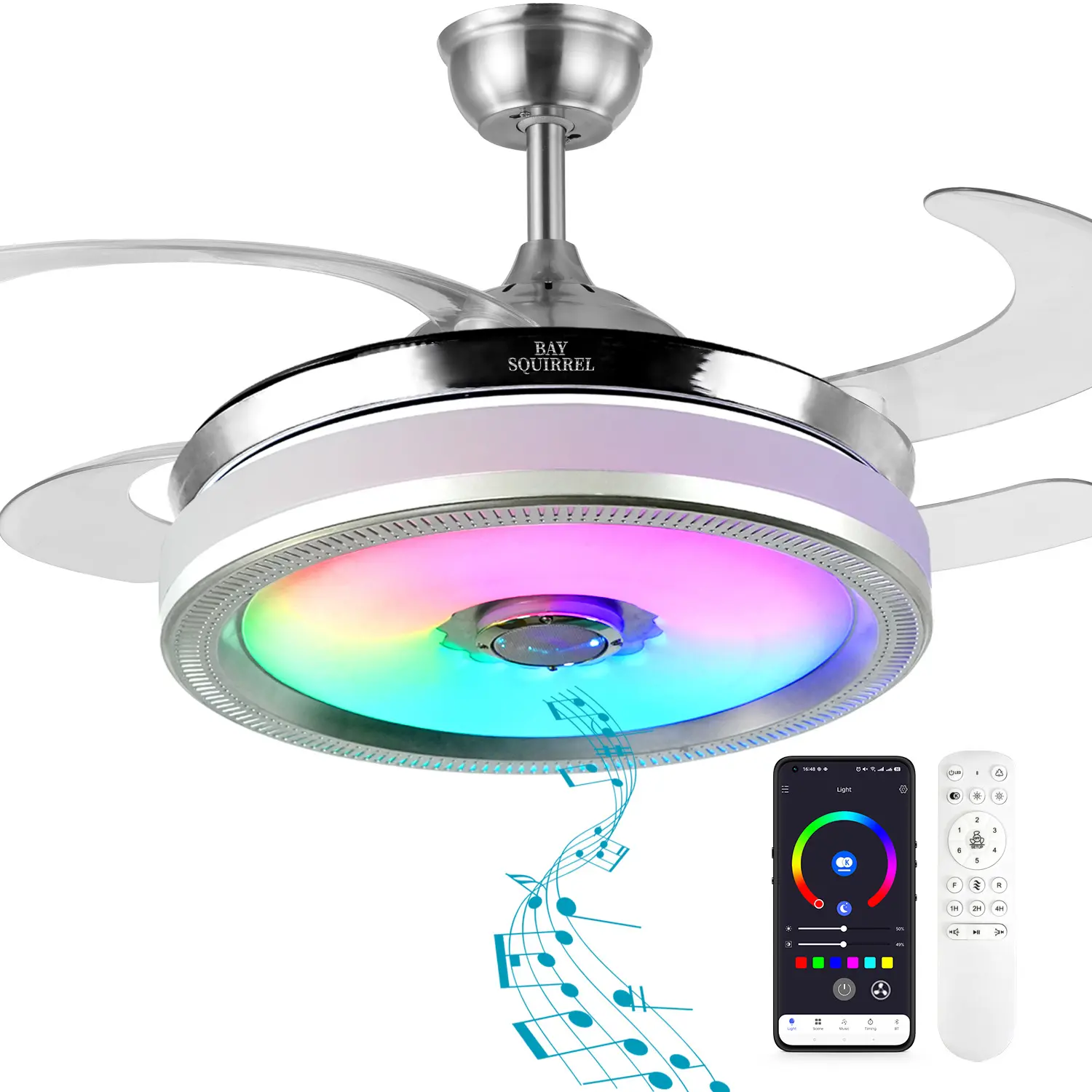 BAYSQUIRREL Retractable Bluetooth Ceiling Fan with Light, 42in 42W 18.4H Adjustable Ceiling Fans with Lamps, 6-Speed Reversible Airflow, Dimmable RGB LEDs, 3 Variations of LED Light Source, Remote/APP Control