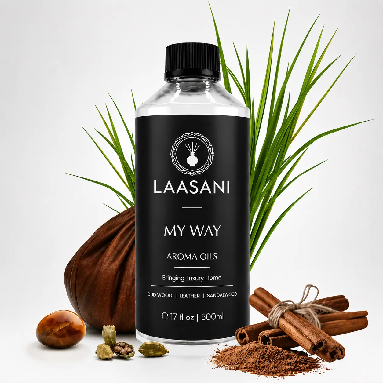 LAASANI 500ml Diffuser Oil - Woody Fragrance Diffuser Oil - Sandalwood, Oud Wood, Cinnamon Scented Oil with Lemon Note for Home Use, Anniversary Gifting, Leather-Centric Spaces, Engagement Celebrations